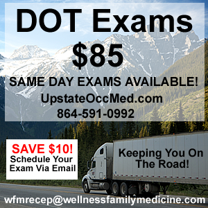Image of a tractor trailer with details for $85 DOT Exams in Spartanburg