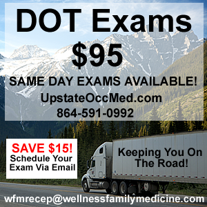 Image of a tractor trailer with details for DOT physical Exams in Spartanburg